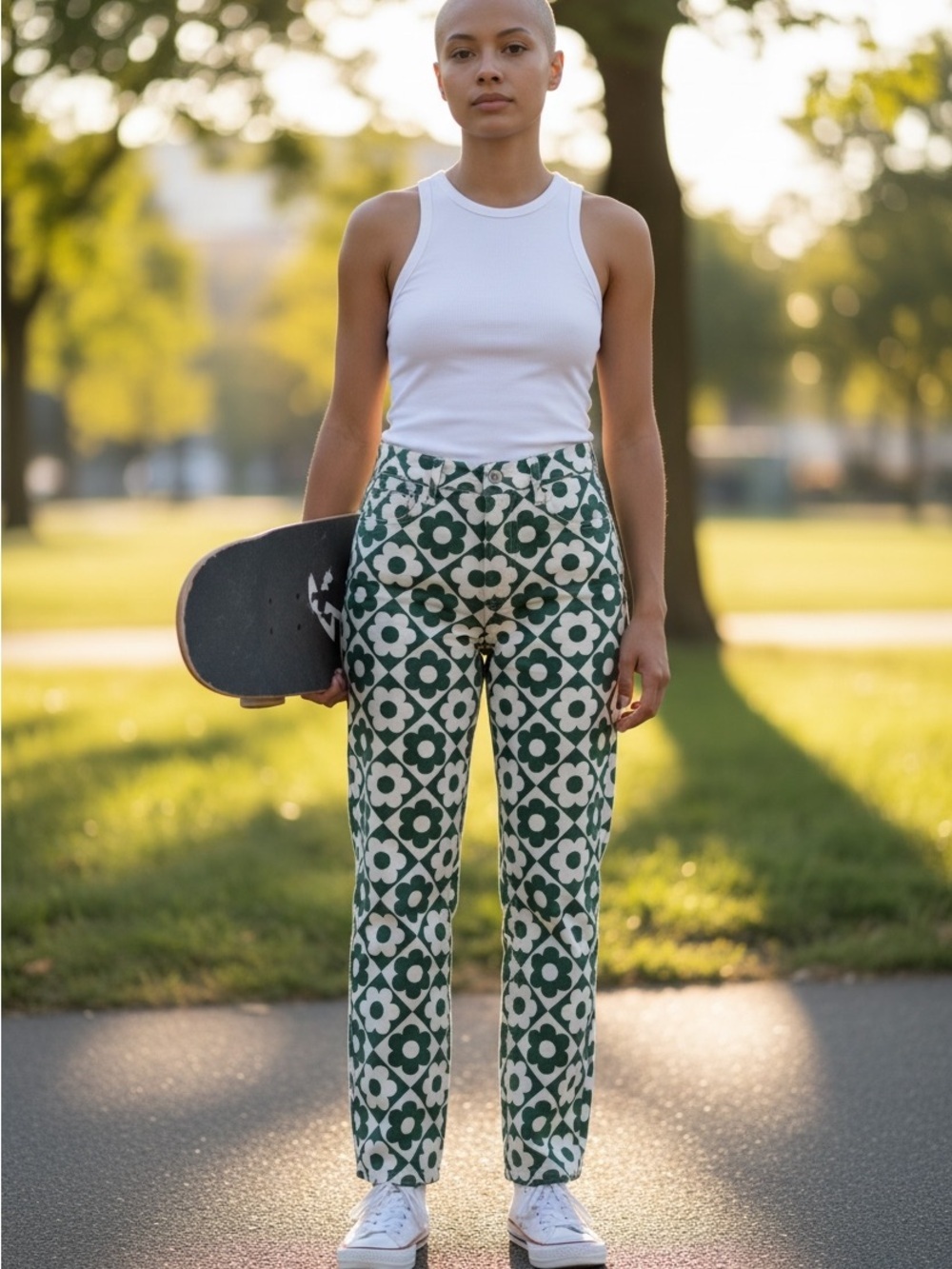 PacSun Statement Denim High Waisted Straight Leg Daisy Print Green & White Jeans